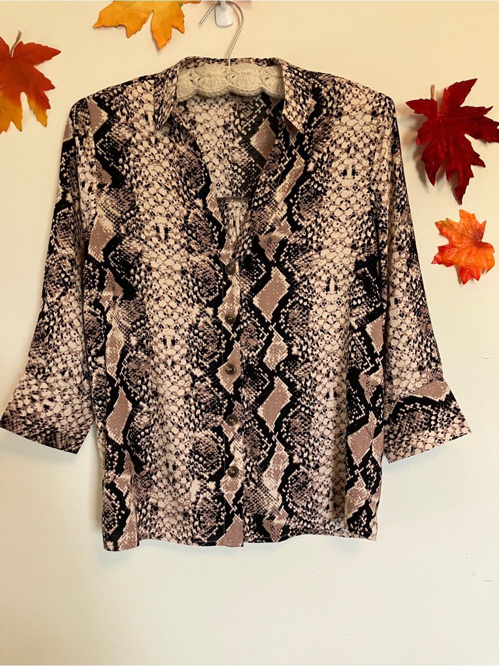 Fashion Nova Snake Print Button-Down Top in Beige and Black